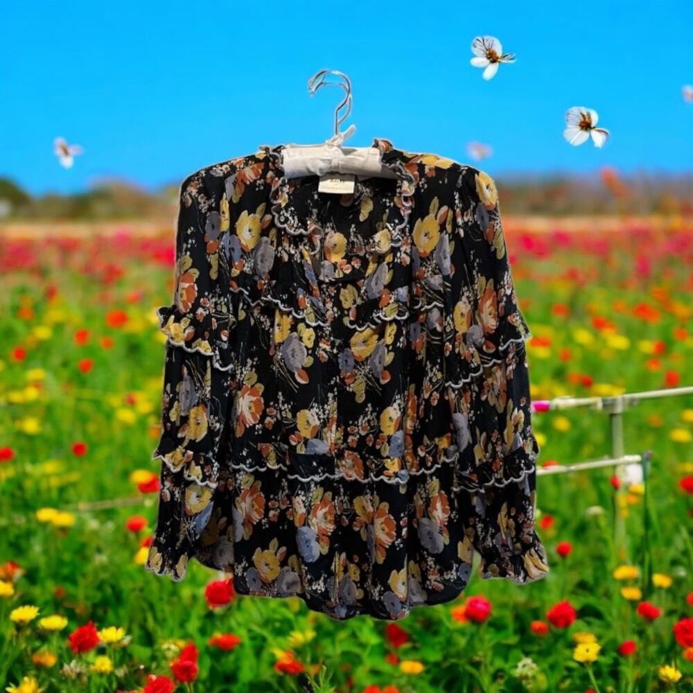 Anthropologie Maeve Women’s Small Floral Viscose Boho‎ Blouse Shirt Top Black